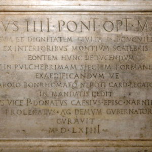 Targa celebrativa della Fontana del Nettuno (posizionata nei sotterranei della Piazza del Nettuno, sotto alla statua)